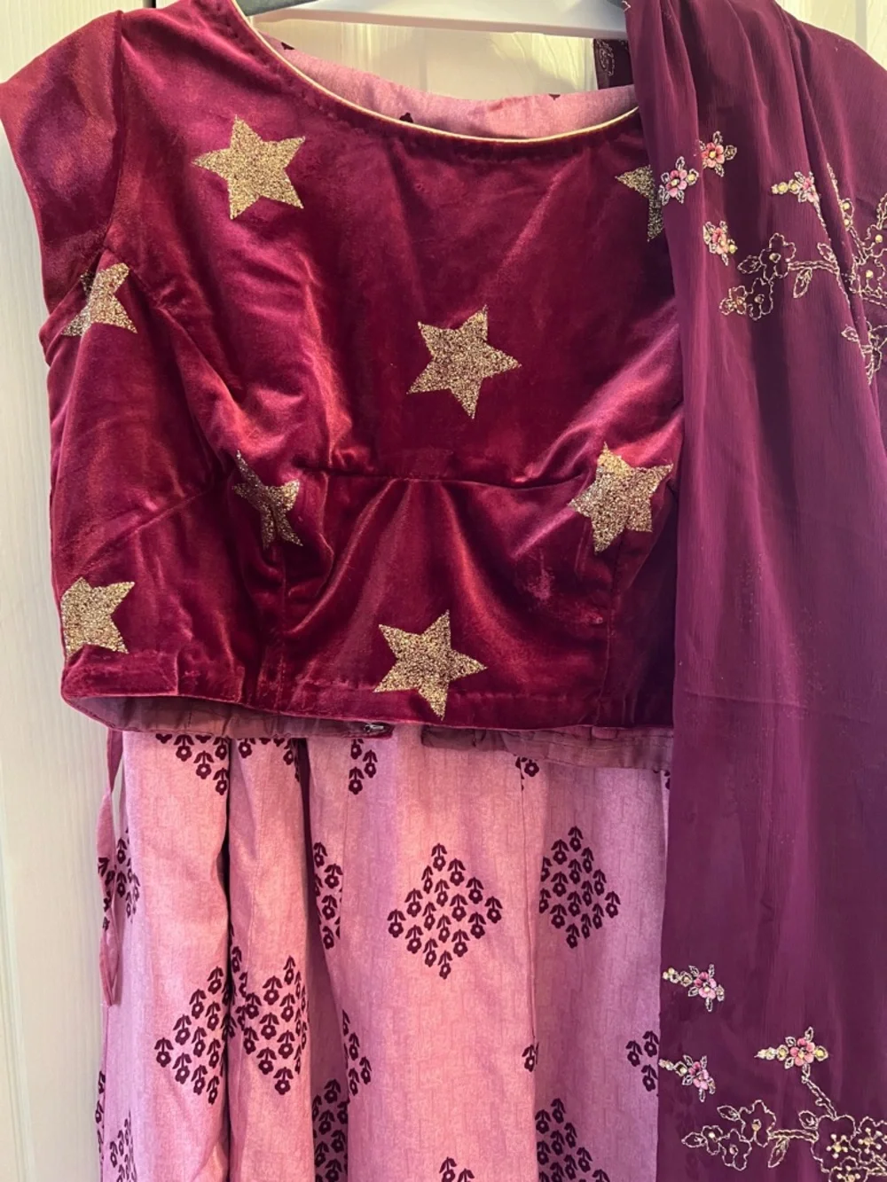 Burgundy and Pink Embroidered Lehenga Set - Picture 2 of 7